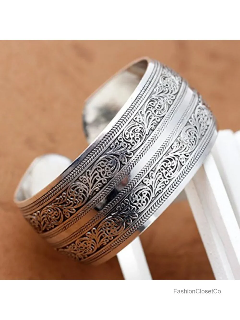 Silver Tone Carved Spiral Flower Wide Cuff Bangle Bracelet